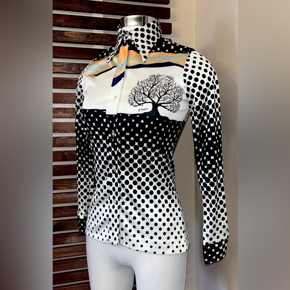 I. MAGNIN Vintage 1970s 70s Black White Polka Dot Tree Dagger Collar Button